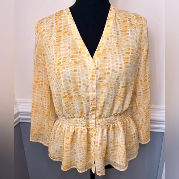 Banana Republic Tops - Banana Republic Yellow Patterned V-Neck Ruffle Hem Button Front Blouse